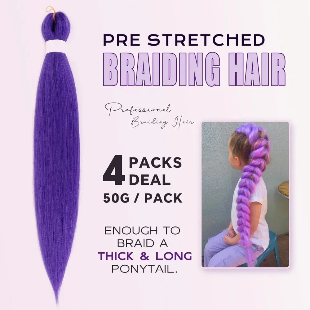 Zavide 30 Inch Purple Pre-Stretched Braiding Hair 4 Pack Extensions No Tangle